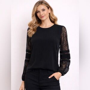 Calvin Klein Size L Black Lace Sleeve Elegant Blouse Top Classic Formal Neutral